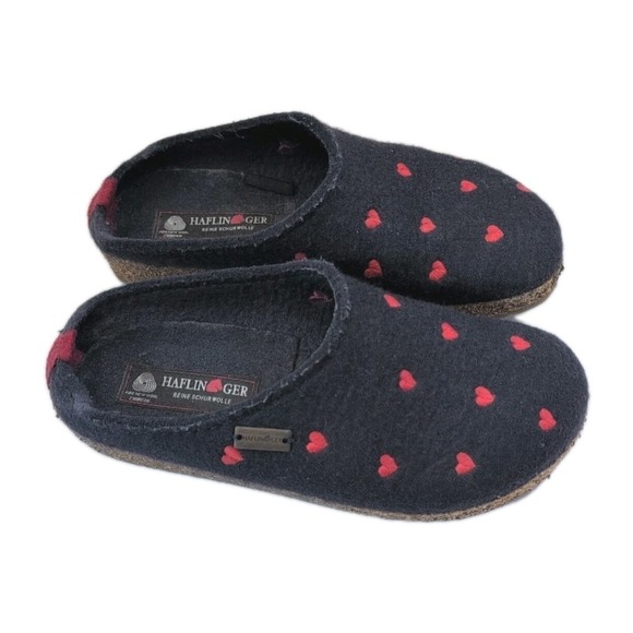 Haflinger Shoes - Haflinger Grizzly Cuoricino Mules Clogs Wool Felt Hearts Navy Blue 39 (8.5-9)